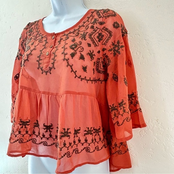 FREE PEOPLE Pennies Sequel Semi-Sheer Rust Embroidered Boho Peasant Blouse XS - Picture 4 of 11